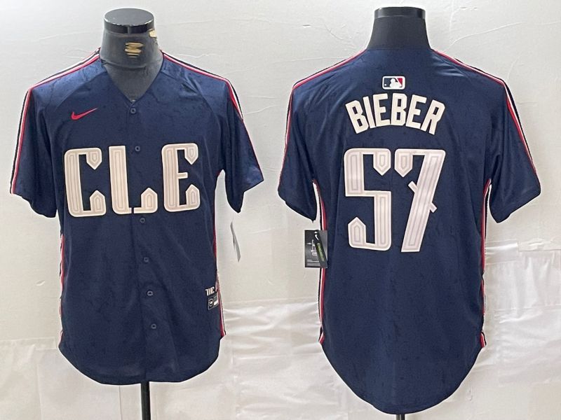 Men Cleveland Indians 57 Bieber Blue City Edition Nike 2024 MLB Jersey style 1